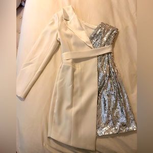 BAKATA White Half Sequinned Asymmetrical Mini Dress